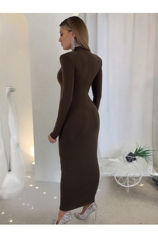 Suma Kadın Uzun Kollu Balıkçı Yakalı Vatkalı Dalgıç Elbise Kahve