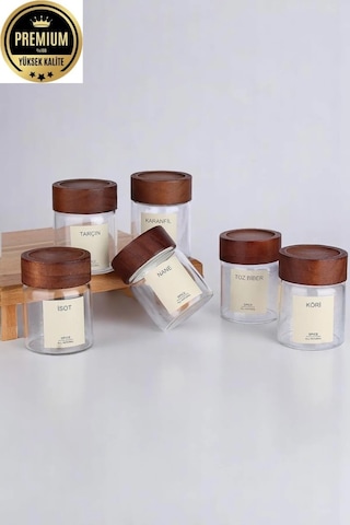 6'lı Akasya Kapaklı Cam Baharatlık Seti 300 Ml 16 Adet Etiket Hediye M70913 Ahşap