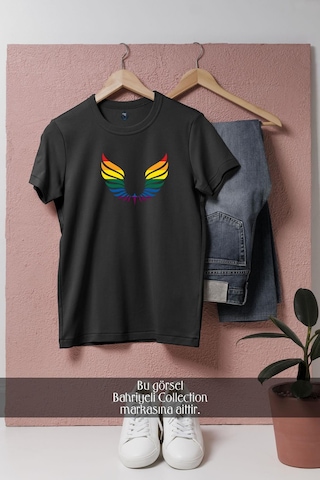 Oversize Wings Lgbt Colors Tasarımlı Unisex T-shirt Siyah