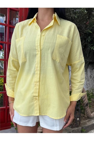 WeShaya Sarı Oversize Cepli Pamuklu Polyester Gömlek Sarı