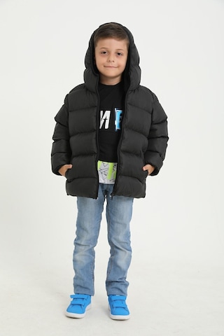 Freemen Erkek Çocuk Siyah Polarlı Kürklü Kapüşonlu Su Geçirmez Rüzgara Dayanıklı Şişme Kışlık Mont Siyah