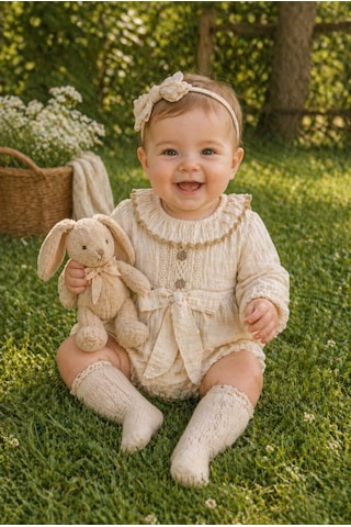 Sare Studıo Kız Bebek Müslin Tulum 4 Kat Müslin %100 Pamuk Özel Tasarım Butik Nakış Yaka Detaylı Çoraplı Set Bej