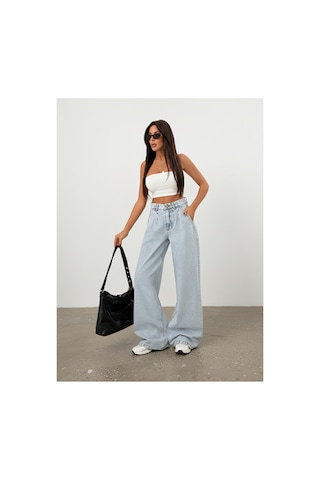 Bluemarlin Tam Kalıp Buz Kar Yüksek Bel Ön Arka Pensli Bol Paça Baggy Jeans Buz Kar
