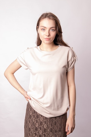 Kadın Modal Penye Geniş Sıfır Yaka Düşük Omuzlu Apoletli Kısa Kol T-shirt Bluz-bej Bej