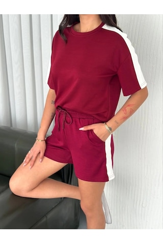 Osy Modal Yumuşak Dokulu Kumaş Kadın Parçalı Bisiklet Yaka T-shirt Kısa Şort İkili Takım - Bordo Bordo