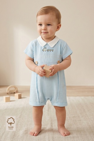 Minory Baby - %100 Pamuk Müslin Bebek Tulum Tren Nakışlı Yakalı Mavi Mavi