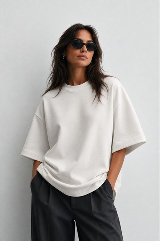 Modivibe Kadın Oversize T-shirt Kalın Dokulu %100 Pamuk Geniş Kesim Beyaz