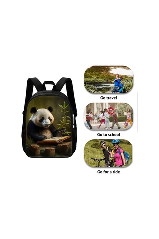 Okul Çocukları İçin Hayvan Desenli Sırt Çantaları Erkek Kız Çocukları İçin Sırt Çantası Cepli Panda Bambu Siyah