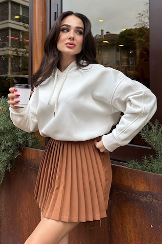 Tommy Life Ekru Reglan Kol Basic Kapüşonlu Oversize Sweatshirt Tunik - 97242 Ekru