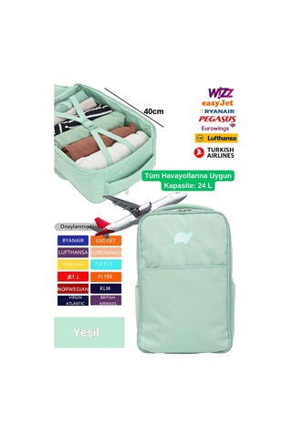 Jet Turtle Seyahat Sırt Çantası 40cm 40x25x15 Cm Pegasus, Wizz Air, Ryanair, El Valizi Koltuk Altı Valizi Yeşil