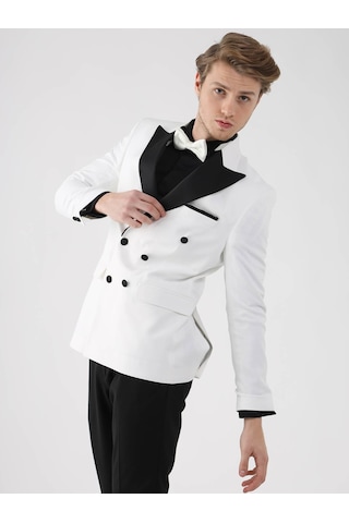 Dufy Ekru-Siyah Erkek Slim Fit Sivri Yaka Smokin Takım - 92441 Ekru - Siyah