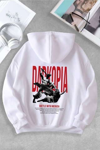 Macklin Unisex Kadın Erkek Battle With Medusa Özel Tasarım Baskılı Kapşonlu Sweatshirt Beyaz Mck1083 Beyaz