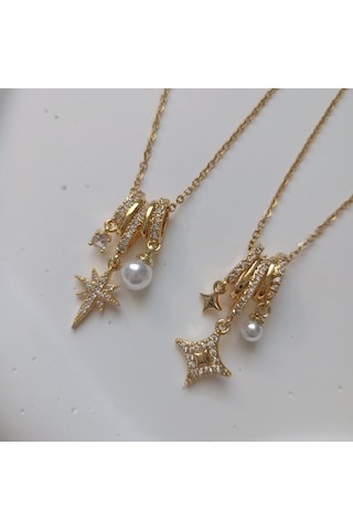 Lente Aksesuar Çelik Zincir Gold Yıldız Ve İncili Charm Kolye-kadın Kolye Gold