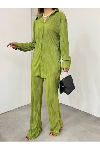 Bayrama Özel Kadın Düşük Omuz Salaş Gömlek Ve Yırtmaç Detay İspanyol Paça Pantolon Yeşil