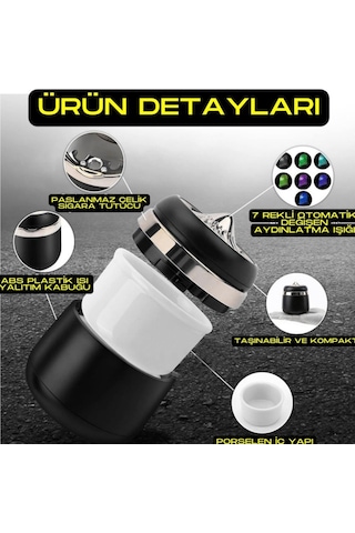 Carub Araç İçi Küllük Porselen + Abs 7 Renk Işıklı Kapaklı Yanmaz Koku Geçirmez Krom Siyah Renk Br2944644