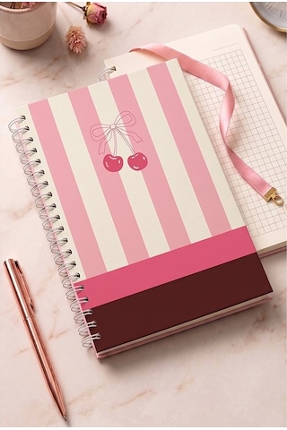 Kiraz Desenli Sert Kapak Spiralli Kareli Defter 17x24cm 120 Yaprak 1 Adet Not Defteri Okul Büro Ofis Defteri Pembe