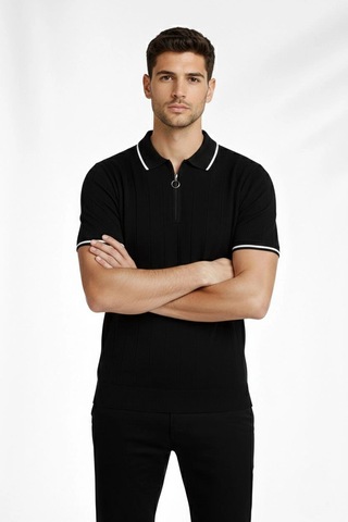 Barlashive Erkek Yazlık Dokuma Triko Tişört Fermuarlı Polo Yaka Kısa Kol T-shirt - Siyah Çok Renkli
