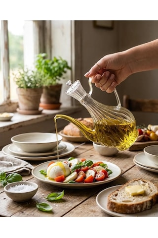 Cam Yağdanlık 750 Ml Glory Çizgili Borosilikat Sirkelik El Üretimi Yağ, Sirke Ve Sos Şişesi Çizgili-cam Şeffaf