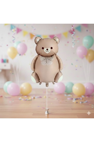 56,5x90 Cm Papyonlu Ayıcık Karamel Folyo Balon - Doğum Günü Parti Dekorasyon Balonu Çok Renkli