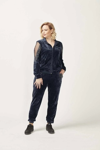 1950 Kolları Taşlı Tam Kalıp Tarz Kadife Büyük Beden Eşofman Takım Lacivert Lacivert