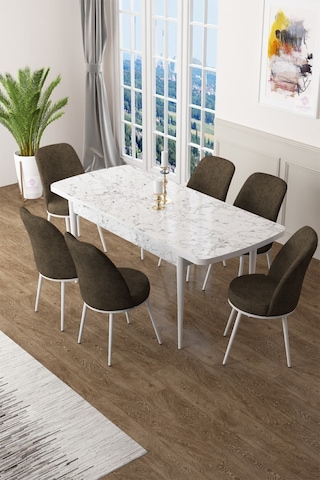 Canisa Concept Zen Serisi 80x132 Mdf Açılabilir Beyaz Mermer Desen Masa Takımı Ve 6 Kahverengi Sandalye Masa Beyaz/sandalyeler Kahvrerengi