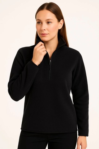 Polar Kazak Dik Yaka, Yarım Fermuarlı, Fermuarlı Göğüs Cepli, Siyah Biyeli, Kışlık Rahat Regular Fit Günlük Model - Siyah Siyah