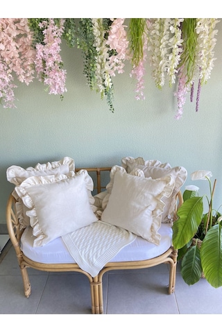 Keten, Bohem, Fırfırlı, Vintage, 4'lü Kare Kırlent Kılıfı Naturel