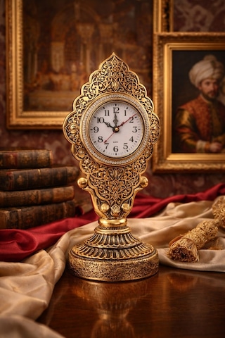 Nostaljik Vintage Taş İşlemeli Kabartmalı Lüks Altın Renk Dekoratif Salon Ve Ofis Masa Saati 29 Cm Gold