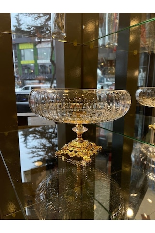 Paşabahçe Lotus Kristal 24 Cm Kesme Dekor Gold Ayak Salata Kasesi Cam Sunumluk- Servis Tabağı