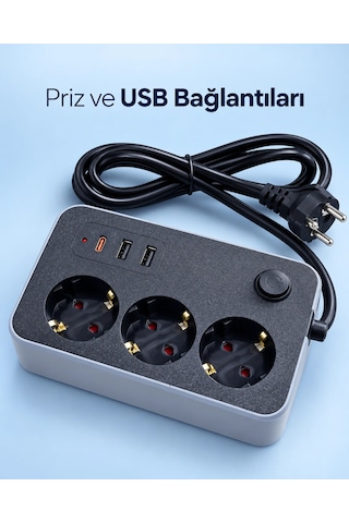 Zenvia Elektrik Ve Şarj Bağlantılarını Bir Arada Sunan Usb Ve Type C Çıkışlı Akım Korumalı Priz Znv2026 Belirtilmemiş