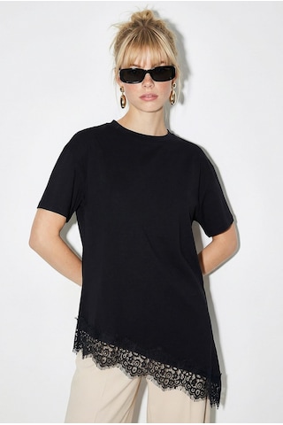 Shade Kadın Dantel Detaylı Asimetrik Kesim Kısa Kollu T-shirt 1078 60286069 - Siyah