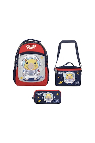 Capybara Erkek Çocuk - Lacivert - Kırmızı İlkokul Üçlü Çanta Seti - Setcpb5227a Çok Renkli