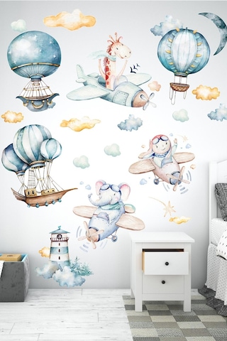 MSticker Sevimli Uçan Balonlar Bulutlar Ve Hayvanlar Çocuk Bebek Odası Sticker Seti