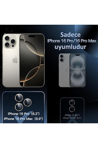 İphone 16 Pro / 16 Pro Max Uyumlu Safir Lens Çizilmez Dayanıklı Kamera Koruyucu