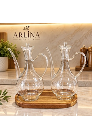 2'li 750 Ml İbrik Model Cam Yağlık Seti-akasya Standlı