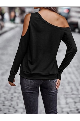 Kadın Omuzdan Açık Askılı Viskon Iki Iplik Bluz Siyah