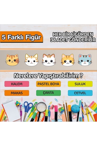 Okul Etiketi Isme Özel Kalem Defter Etiketi Sevimli Kediler -190 Adet Çok Renkli