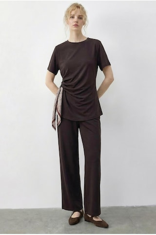 Shade Kadın Fularlı Bağlama Detaylı T-shirt Yüksek Bel Pantolon Alt-üst Takım 7630 60286041 - Kahverengi