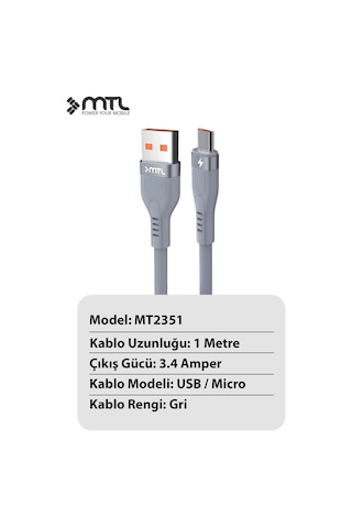 3.4a Usb To Micro Metal Başlıklı Extra Yumuşak Hızlı Şarj Ve Data Aktarım Kablosu 1 Metre Mt2351