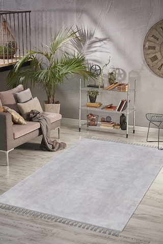 Comfort Oval Overloklu Peluş Halı Gri Gri Ponpon Saçaklı