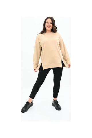 Kadın Büyük Beden Oversize Yırtmaç Detaylı Sweatshirt 1865-25 Bej
