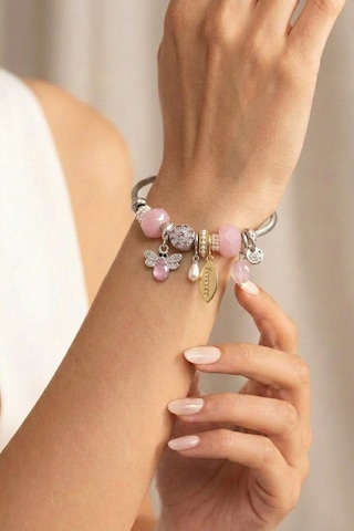Arı Figürlü Ve Forever Detaylı Silver Pembe Bijuteri Kelepçe Bileklik Gümüş