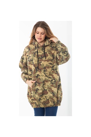 Kadın Büyük Beden Haki Rahat Kesim Kamuflaj Desenli Kapşonlu Kanguru Cepli Uzun Sweatshirt 65n37298-haki Haki