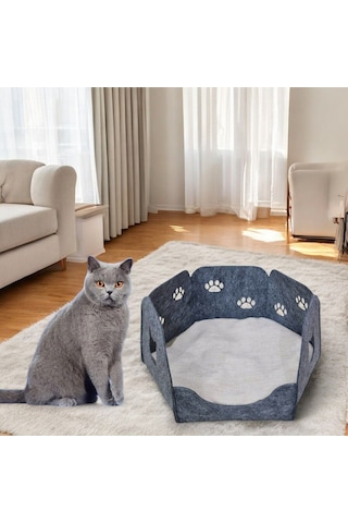 Kedi Yatağı Yuvası Evi Minderli Taşınabilir 3 Mm Keçe Altıgen Tasarım Yuva+minder Gri