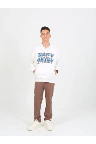 Erkek Çocuk Yazı Detaylı 2 İplik Kapüşonlu Sweatshirt-15229 Ekru