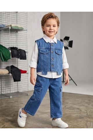 Baby Lory Kids Store Erkek Çocuk Gömlekli Yelekli 3lü Kot Takım Açık Lacivert