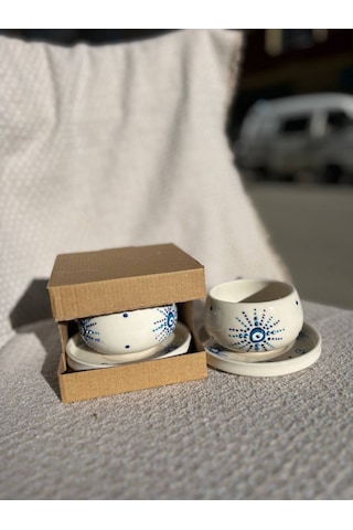 El Yapımı Seramik Kupa, Mug, Türk Kahvesi Bardağı Nazar Boncuğu