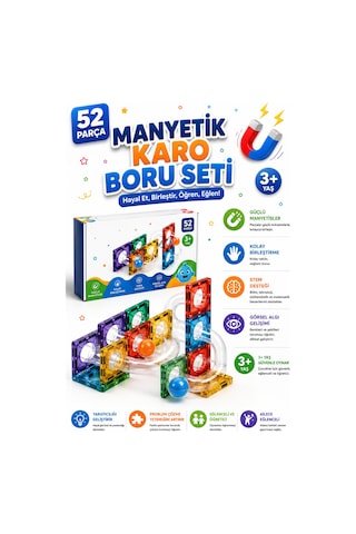 52 Parça Manyetik Karo Boru Seti Stem Eğitici Oyuncak, Bilyeli Manyetik Yapı Ve Parkur Oyuncağı, 3+ Yaş Çocuklar İçin
