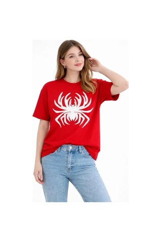 Defymoda Örümcek Baskılı Tişört Kısa Kollu Bisiklet Yaka T-shirt - Kırmızı