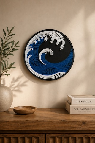 Dalga Temalı Yuvarlak Duvar Dekoru Deniz Desenli Duvar Süsü Dekoratif Pla Pano 21 Cm